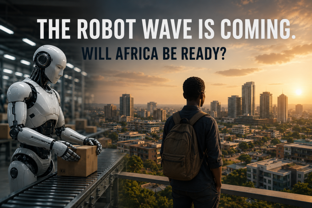 A humanoid robot and a young African person with a backpack stand on a rooftop overlooking a sprawling African city at sunset, with text reading "The robot wave is coming. Will Africa be ready?