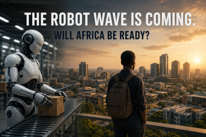 A humanoid robot and a young African person with a backpack stand on a rooftop overlooking a sprawling African city at sunset, with text reading 